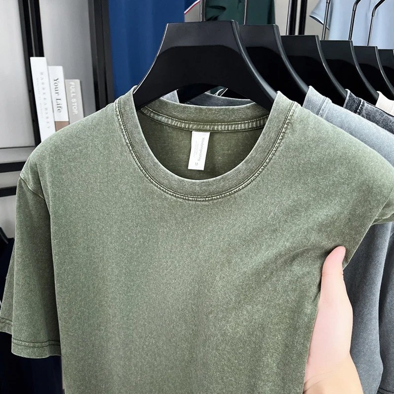 American Style Retro Heavyweight Solid Color Short Sleeved T-shirt Men Women Summer Street Trendy Washed Old Oversized Clothes