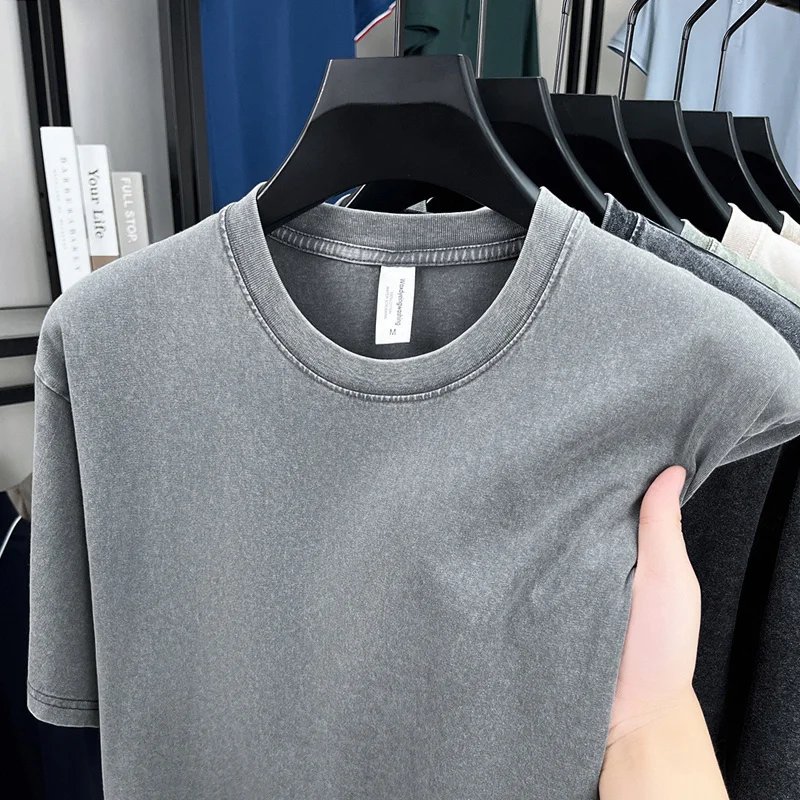 American Style Retro Heavyweight Solid Color Short Sleeved T-shirt Men Women Summer Street Trendy Washed Old Oversized Clothes