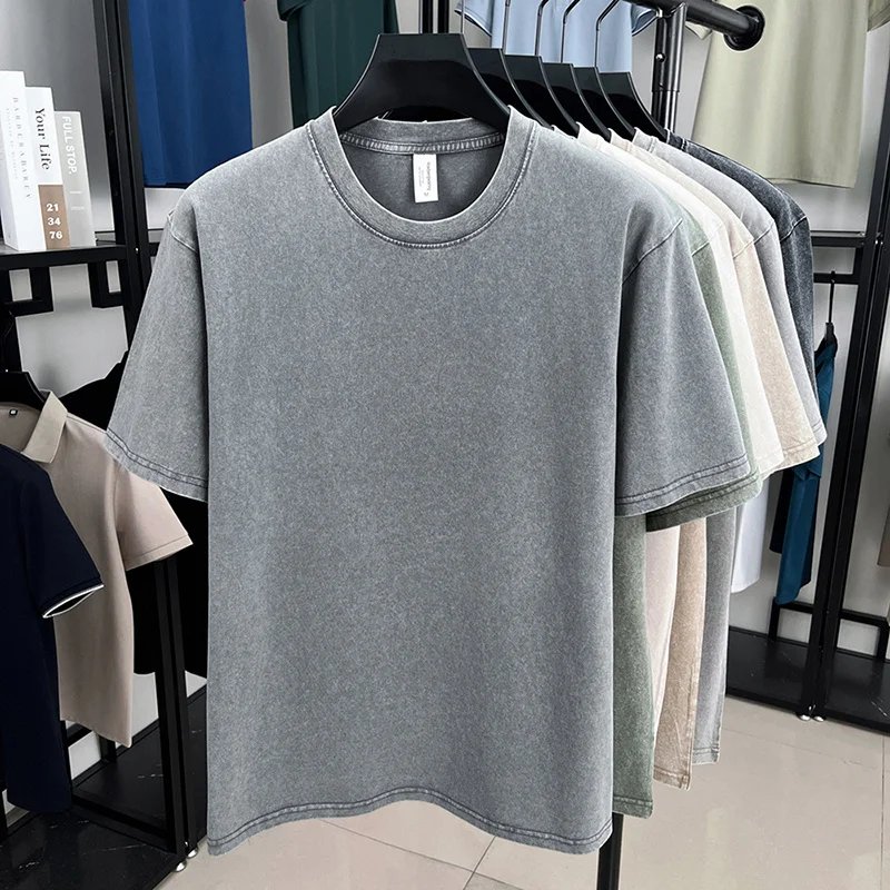 American Style Retro Heavyweight Solid Color Short Sleeved T-shirt Men Women Summer Street Trendy Washed Old Oversized Clothes