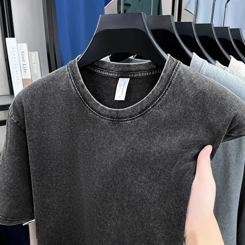 American Style Retro Heavyweight Solid Color Short Sleeved T-shirt Men Women Summer Street Trendy Washed Old Oversized Clothes