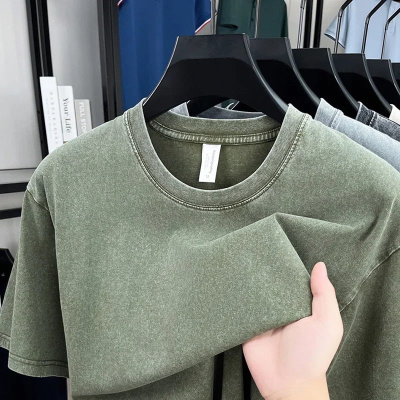 44718-wfepfo.jpg American Style Retro Heavyweight Solid Color Short Sleeved T-shirt Men Women Summer Street Trendy Washed Old Oversized Clothes - Image 1