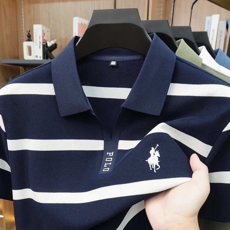 2026 New Summer Men's Striped Polo Shirt with Collar and Short Sleeve Casual T-shirt for Men