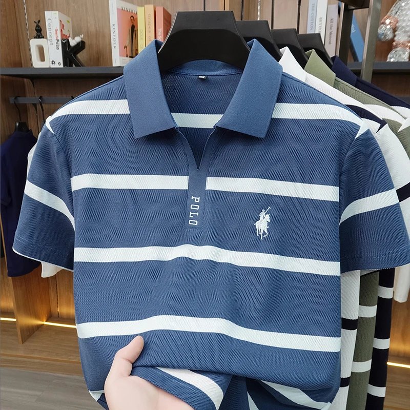 2026 New Summer Men's Striped Polo Shirt with Collar and Short Sleeve Casual T-shirt for Men