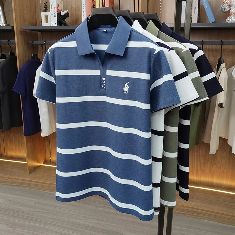 2026 New Summer Men's Striped Polo Shirt with Collar and Short Sleeve Casual T-shirt for Men