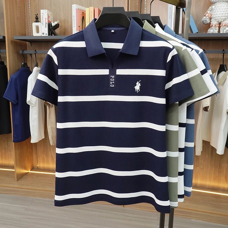 2026 New Summer Men's Striped Polo Shirt with Collar and Short Sleeve Casual T-shirt for Men
