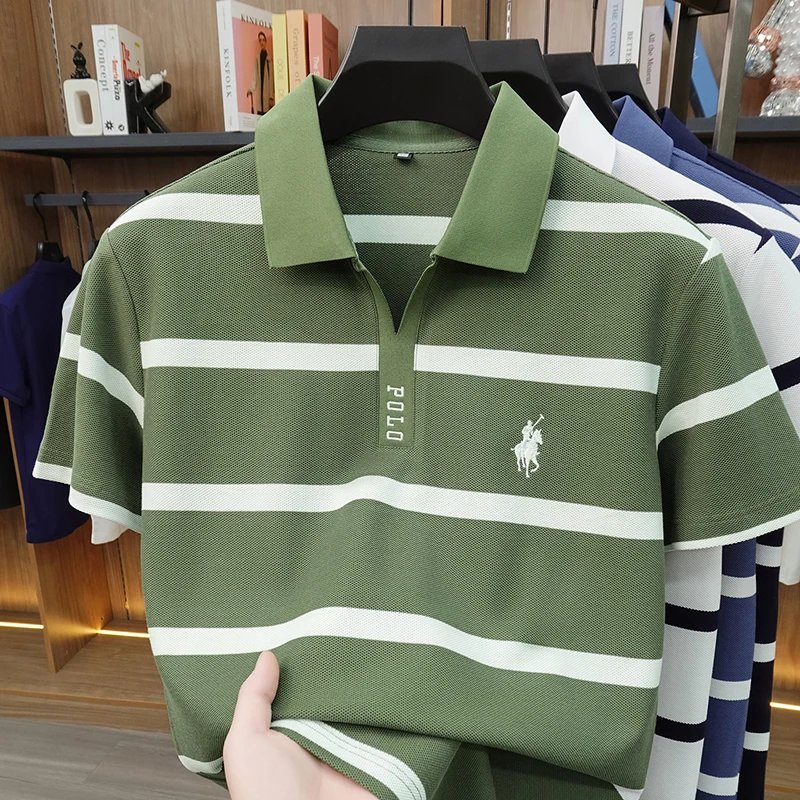 2026 New Summer Men's Striped Polo Shirt with Collar and Short Sleeve Casual T-shirt for Men