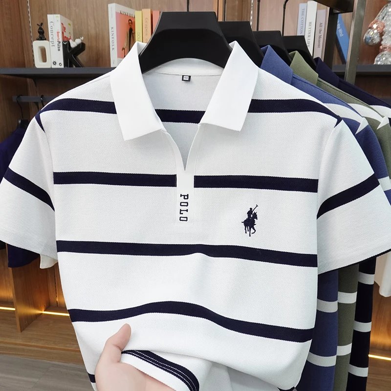 2026 New Summer Men's Striped Polo Shirt with Collar and Short Sleeve Casual T-shirt for Men