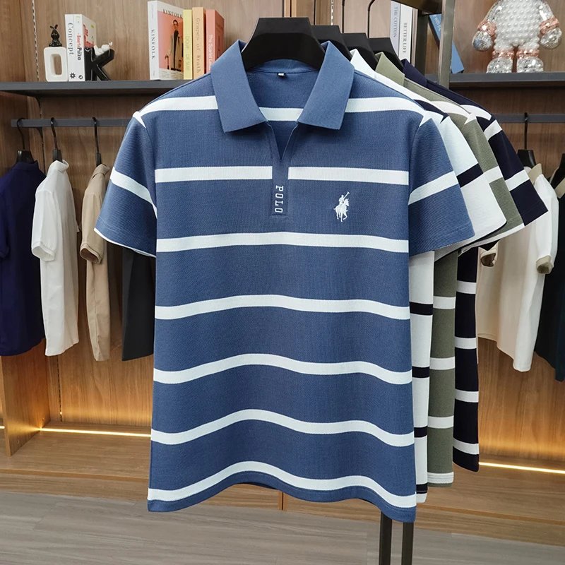 2026 New Summer Men's Striped Polo Shirt with Collar and Short Sleeve Casual T-shirt for Men