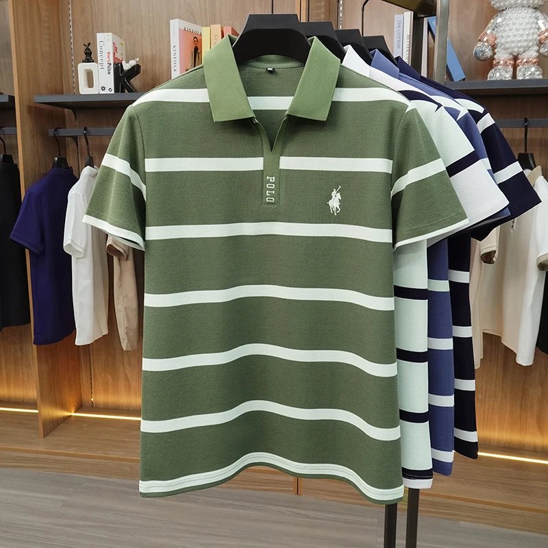 2026 New Summer Men's Striped Polo Shirt with Collar and Short Sleeve Casual T-shirt for Men