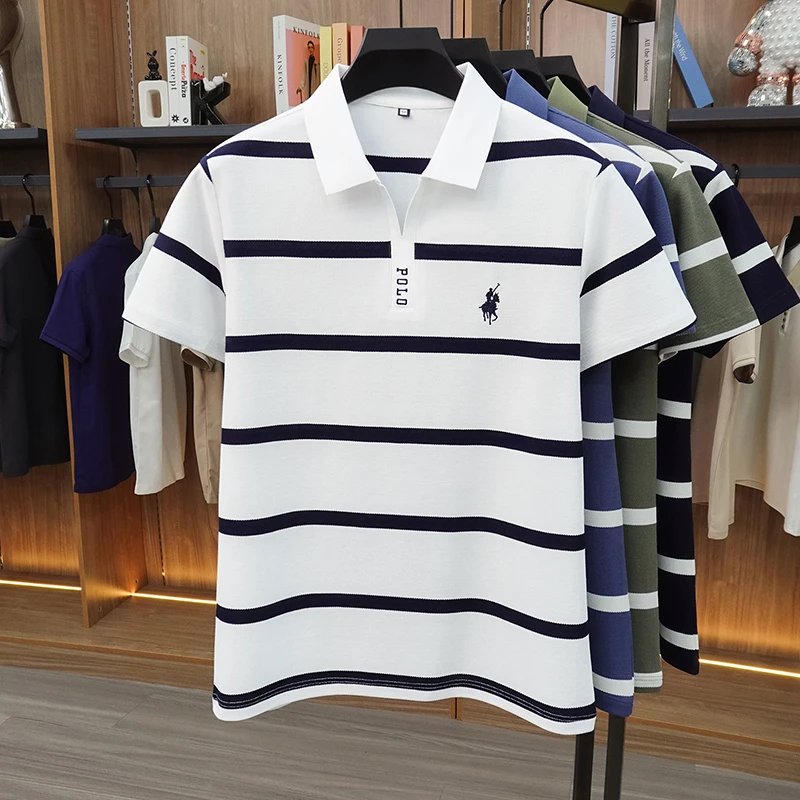 2026 New Summer Men's Striped Polo Shirt with Collar and Short Sleeve Casual T-shirt for Men