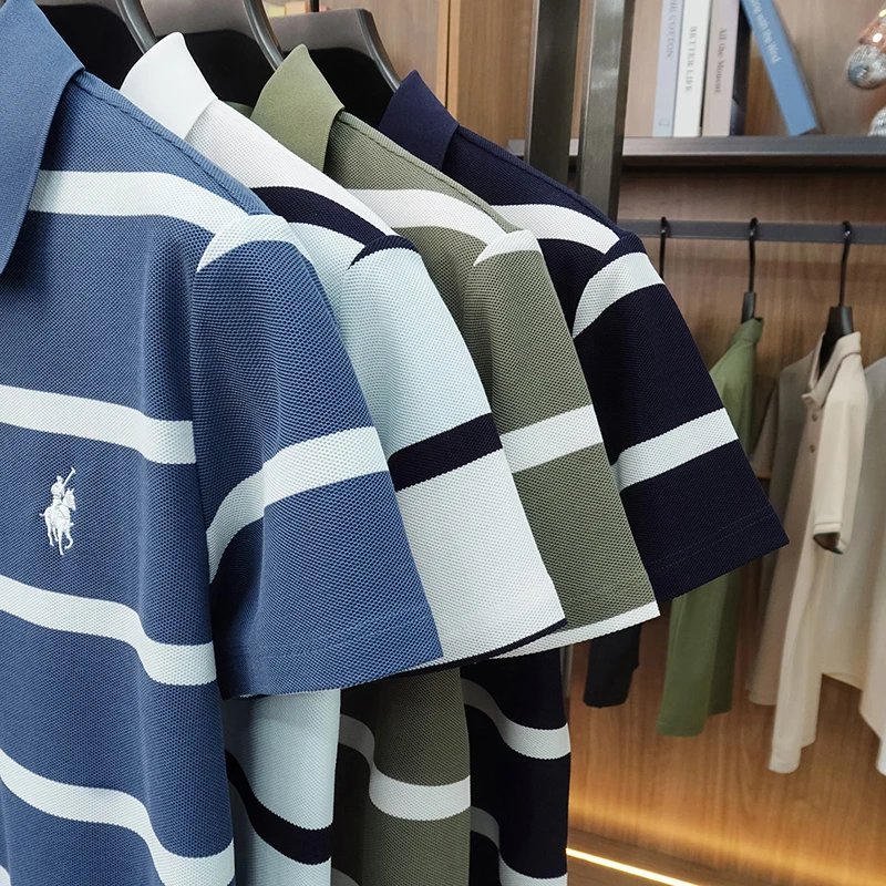 2026 New Summer Men's Striped Polo Shirt with Collar and Short Sleeve Casual T-shirt for Men