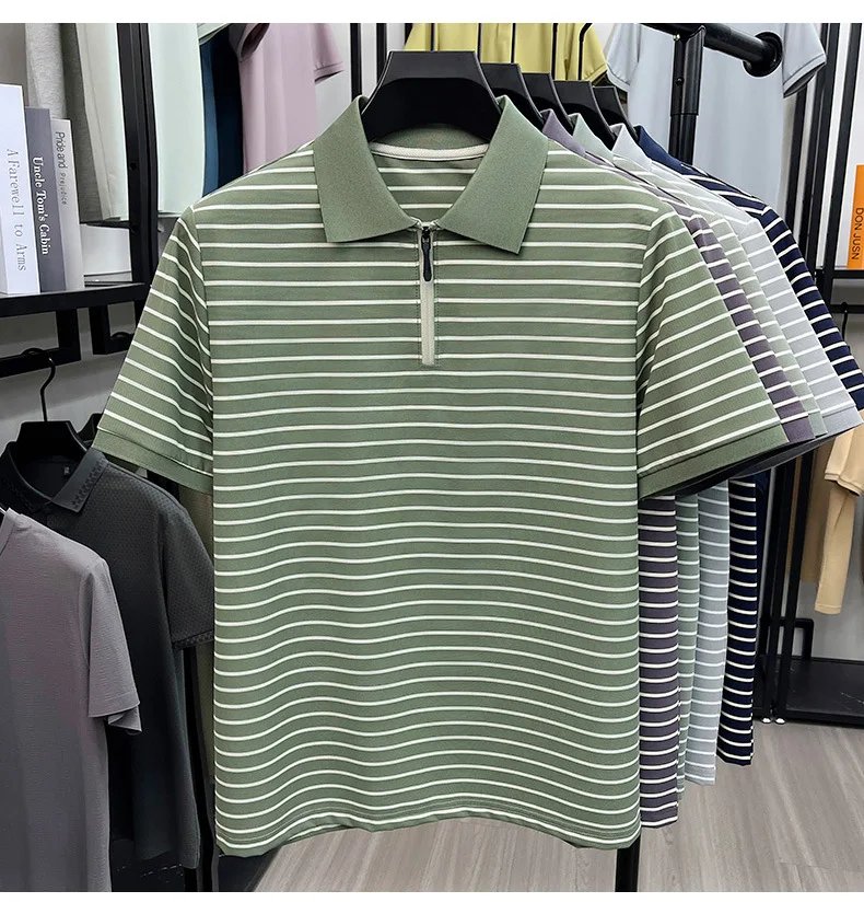 Men's Stripe Polo Shirt, Short Sleeve, Half-Zip Collar, Casual Business, Breathable Fabric,Spring Summer Fashion, Versatile Wear Men's Stripe Polo Shirt, Short Sleeve, Half-Zip Collar, Casual Business, Breathable Fabric,Spring Summer Fashion, Versatile Wear