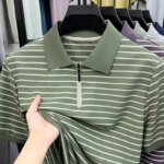 Men's Stripe Polo Shirt, Short Sleeve, Half-Zip Collar, Casual Business, Breathable Fabric,Spring Summer Fashion, Versatile Wear