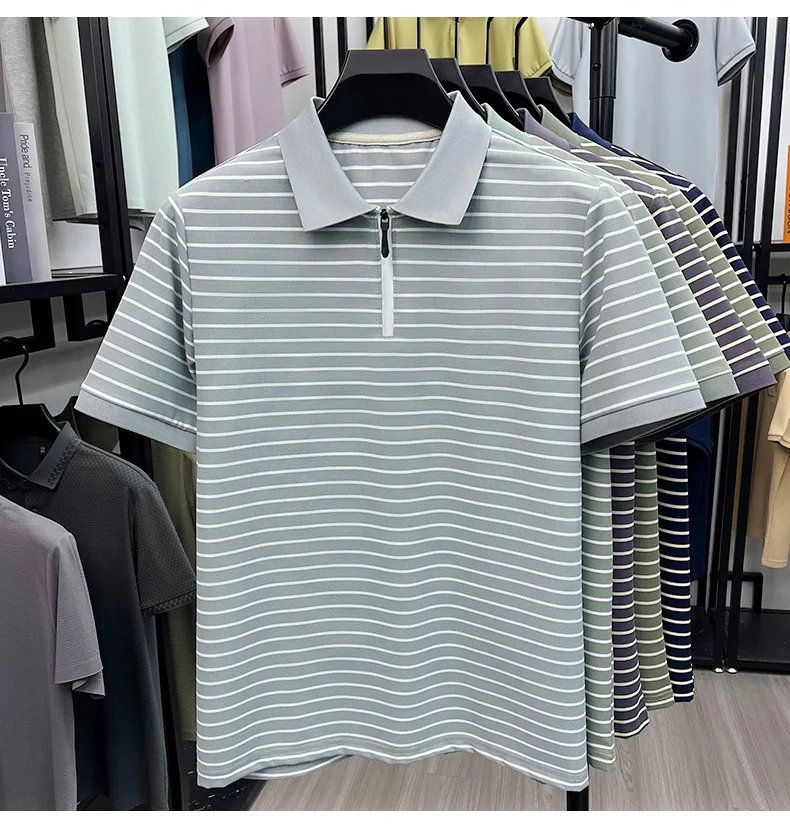Men's Stripe Polo Shirt, Short Sleeve, Half-Zip Collar, Casual Business, Breathable Fabric,Spring Summer Fashion, Versatile Wear Men's Stripe Polo Shirt, Short Sleeve, Half-Zip Collar, Casual Business, Breathable Fabric,Spring Summer Fashion, Versatile Wear