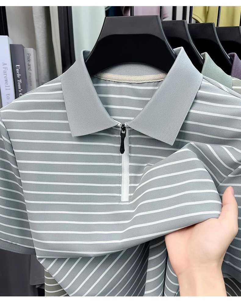 Men's Stripe Polo Shirt, Short Sleeve, Half-Zip Collar, Casual Business, Breathable Fabric,Spring Summer Fashion, Versatile Wear Men's Stripe Polo Shirt, Short Sleeve, Half-Zip Collar, Casual Business, Breathable Fabric,Spring Summer Fashion, Versatile Wear