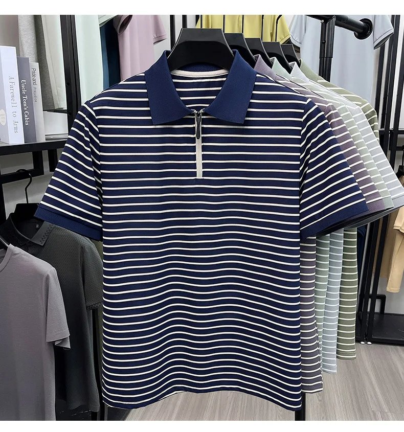 Men's Stripe Polo Shirt, Short Sleeve, Half-Zip Collar, Casual Business, Breathable Fabric,Spring Summer Fashion, Versatile Wear Men's Stripe Polo Shirt, Short Sleeve, Half-Zip Collar, Casual Business, Breathable Fabric,Spring Summer Fashion, Versatile Wear