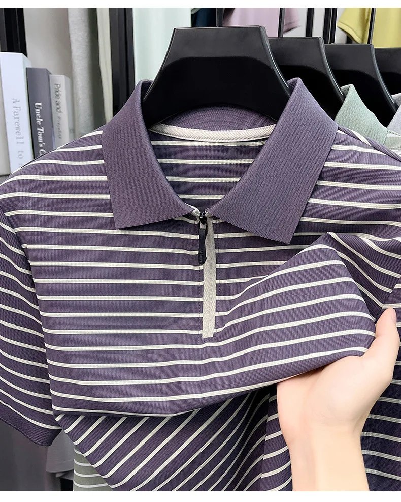 Men's Stripe Polo Shirt, Short Sleeve, Half-Zip Collar, Casual Business, Breathable Fabric,Spring Summer Fashion, Versatile Wear Men's Stripe Polo Shirt, Short Sleeve, Half-Zip Collar, Casual Business, Breathable Fabric,Spring Summer Fashion, Versatile Wear