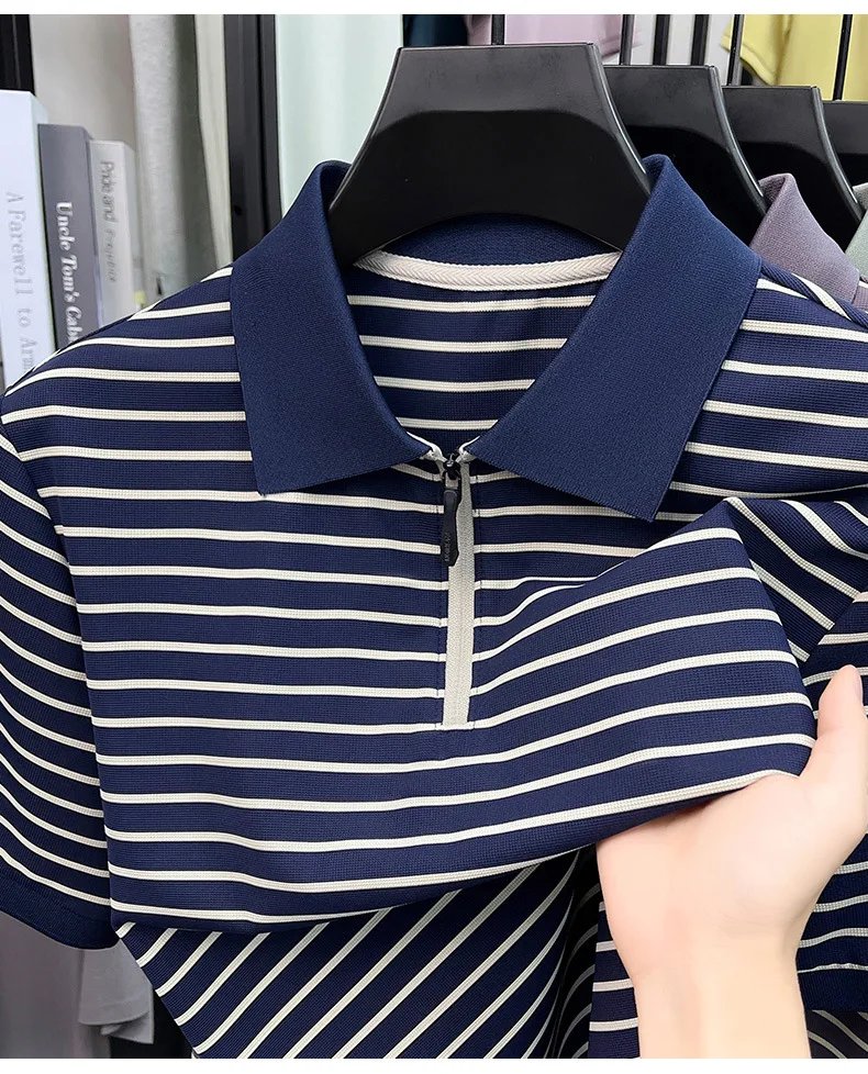 Men's Stripe Polo Shirt, Short Sleeve, Half-Zip Collar, Casual Business, Breathable Fabric,Spring Summer Fashion, Versatile Wear Men's Stripe Polo Shirt, Short Sleeve, Half-Zip Collar, Casual Business, Breathable Fabric,Spring Summer Fashion, Versatile Wear