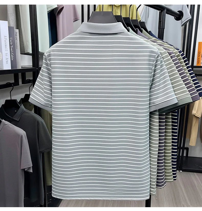 Men's Stripe Polo Shirt, Short Sleeve, Half-Zip Collar, Casual Business, Breathable Fabric,Spring Summer Fashion, Versatile Wear Men's Stripe Polo Shirt, Short Sleeve, Half-Zip Collar, Casual Business, Breathable Fabric,Spring Summer Fashion, Versatile Wear