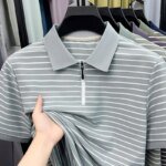 Men's Stripe Polo Shirt, Short Sleeve, Half-Zip Collar, Casual Business, Breathable Fabric,Spring Summer Fashion, Versatile Wear - Image 3