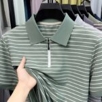 Men's Stripe Polo Shirt, Short Sleeve, Half-Zip Collar, Casual Business, Breathable Fabric,Spring Summer Fashion, Versatile Wear - Image 4