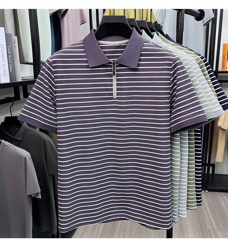 Men's Stripe Polo Shirt, Short Sleeve, Half-Zip Collar, Casual Business, Breathable Fabric,Spring Summer Fashion, Versatile Wear Men's Stripe Polo Shirt, Short Sleeve, Half-Zip Collar, Casual Business, Breathable Fabric,Spring Summer Fashion, Versatile Wear