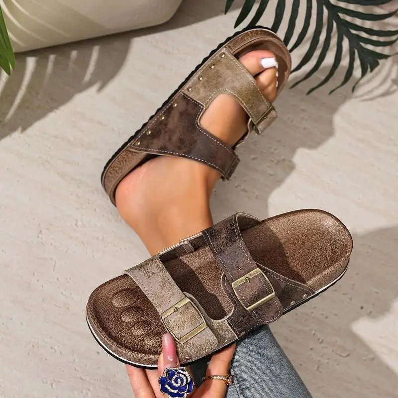 Casual Thick Bottom Met Buckle Outdoor Slippers Women 2026 Summer Vintage Rivetpatchwork Suede Beach Sandals Women Driving Shoes