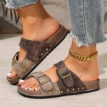 Casual Thick Bottom Met Buckle Outdoor Slippers Women 2026 Summer Vintage Rivetpatchwork Suede Beach Sandals Women Driving Shoes