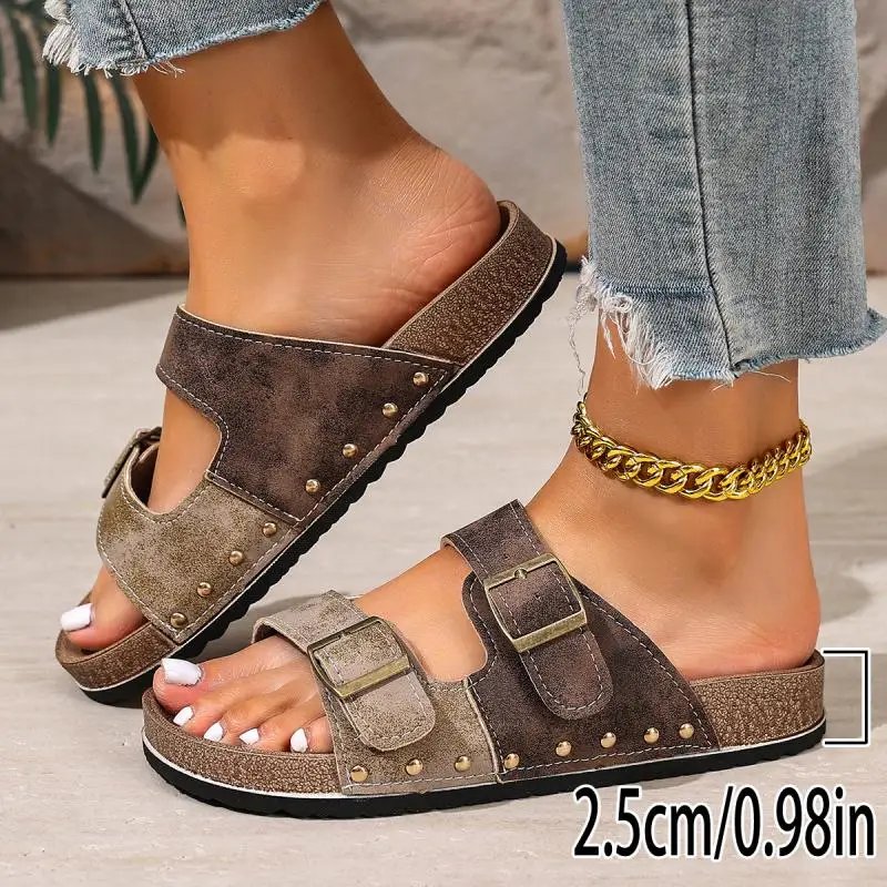 Casual Thick Bottom Met Buckle Outdoor Slippers Women 2026 Summer Vintage Rivetpatchwork Suede Beach Sandals Women Driving Shoes