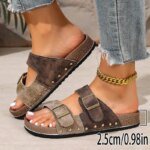 Casual Thick Bottom Met Buckle Outdoor Slippers Women 2026 Summer Vintage Rivetpatchwork Suede Beach Sandals Women Driving Shoes - Image 6