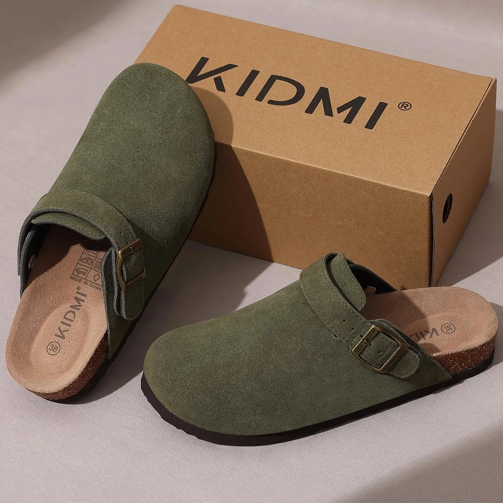 Evshine Women Suede Cork Slippers with Adjustbale  Strap Comfy Arch Support Leather Mules Retro Men Potato Shoes Lady Cork Clogs