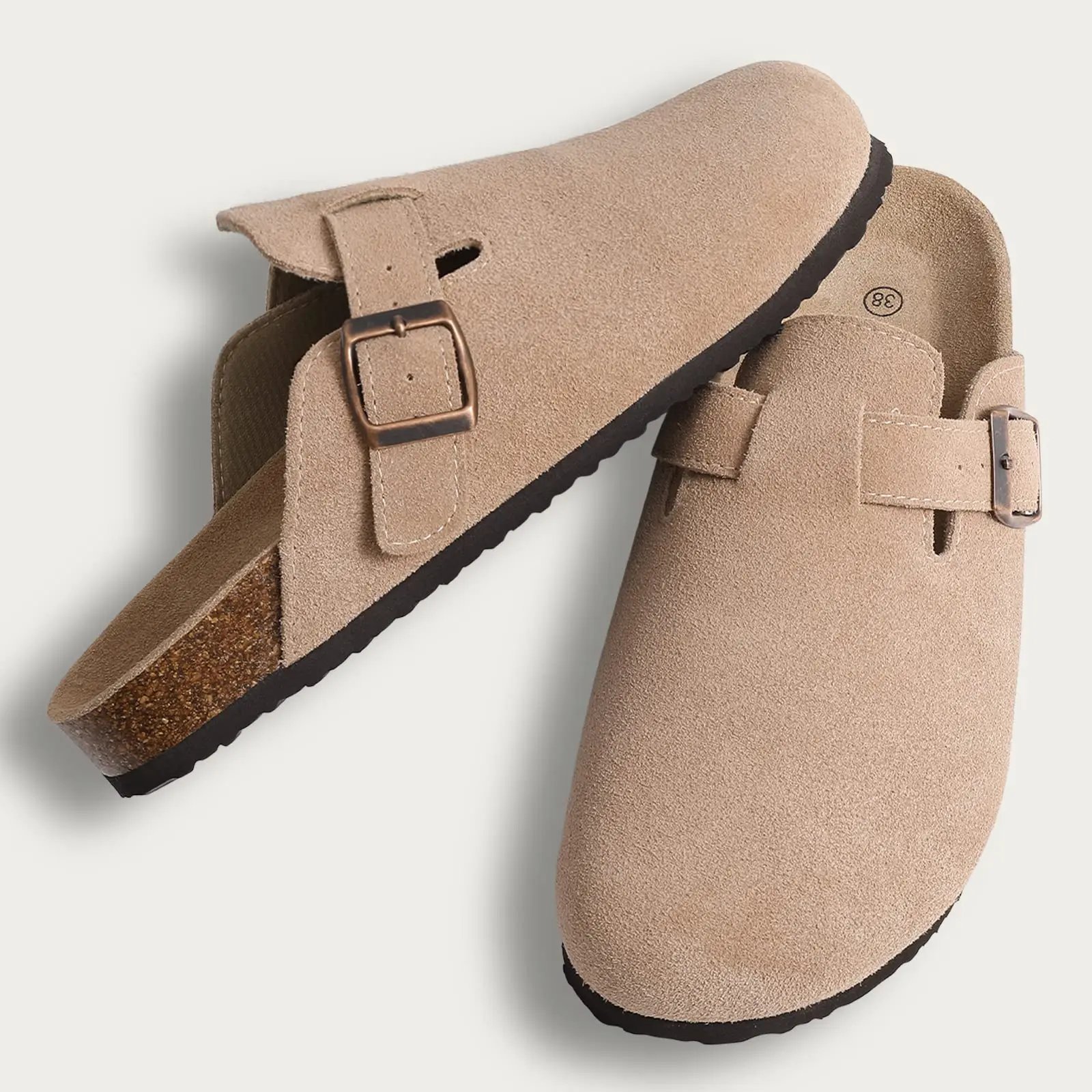 Evshine Women Suede Cork Slippers with Adjustbale  Strap Comfy Arch Support Leather Mules Retro Men Potato Shoes Lady Cork Clogs