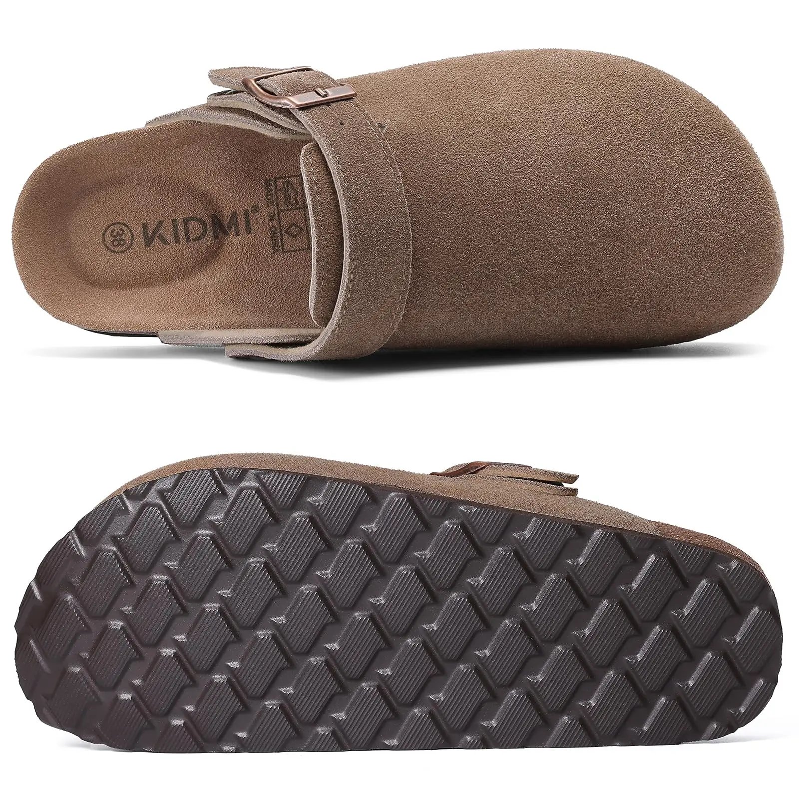 Evshine Women Suede Cork Slippers with Adjustbale  Strap Comfy Arch Support Leather Mules Retro Men Potato Shoes Lady Cork Clogs