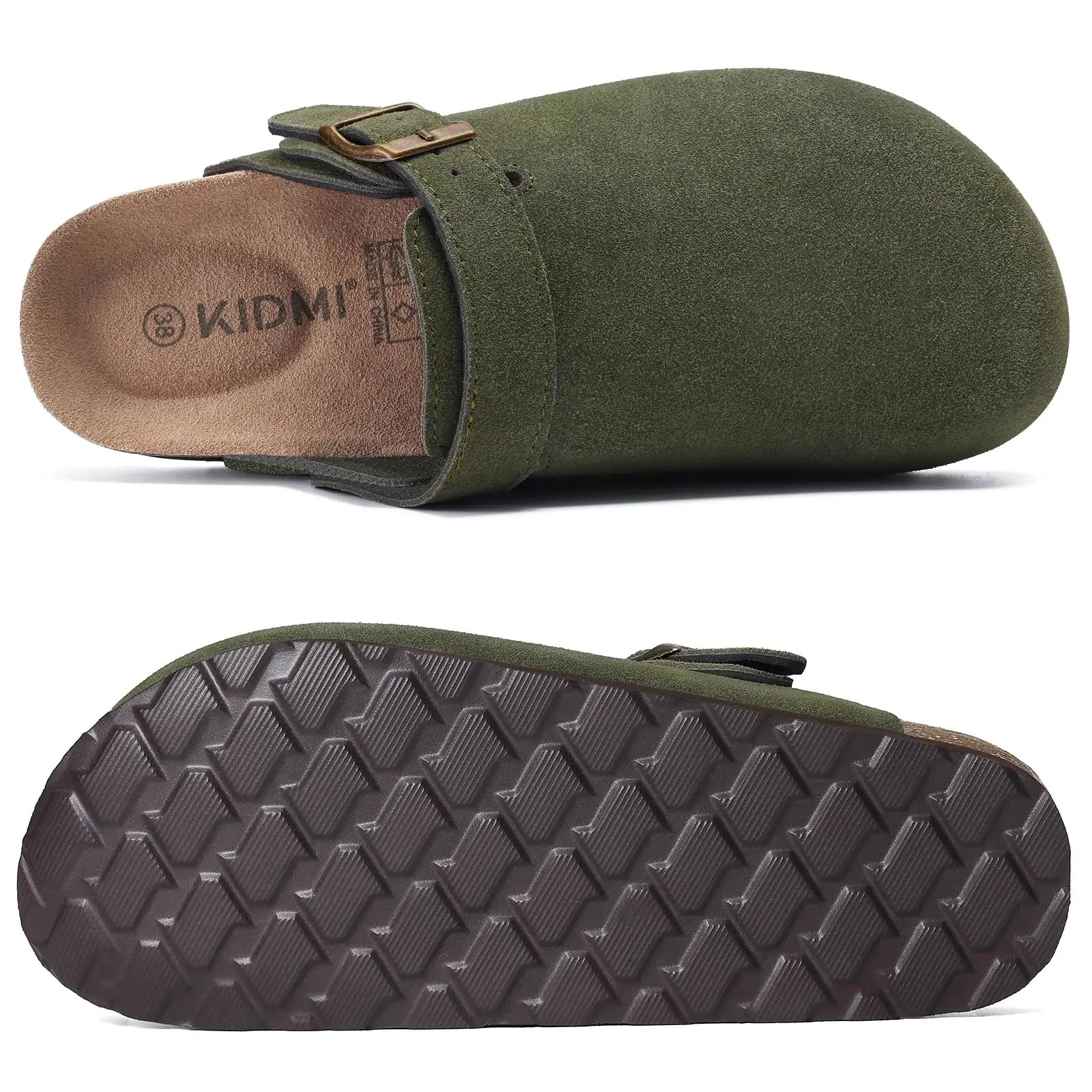 Evshine Women Suede Cork Slippers with Adjustbale  Strap Comfy Arch Support Leather Mules Retro Men Potato Shoes Lady Cork Clogs