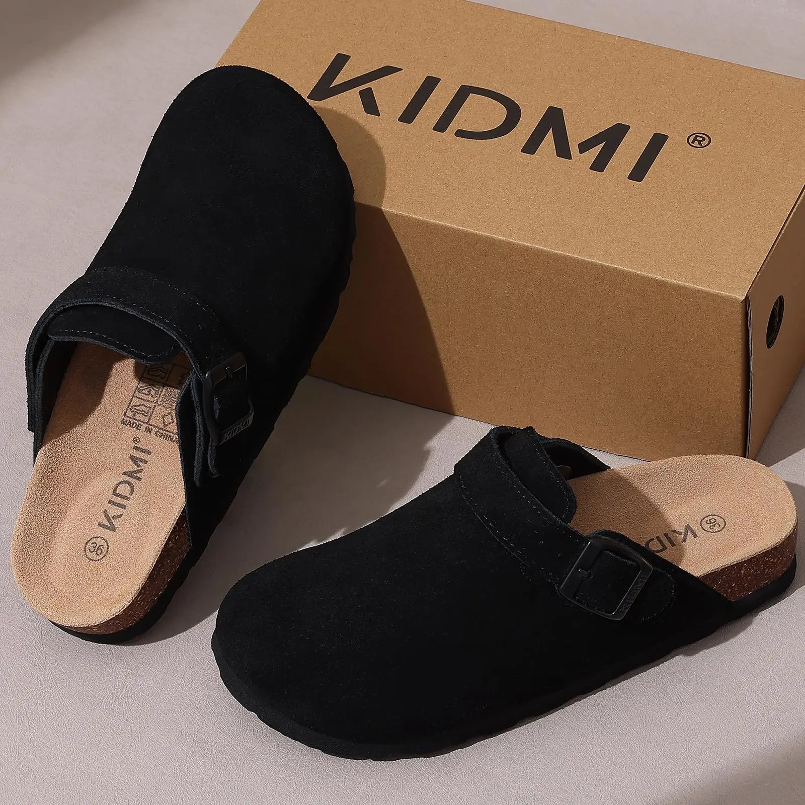 Evshine Women Suede Cork Slippers with Adjustbale  Strap Comfy Arch Support Leather Mules Retro Men Potato Shoes Lady Cork Clogs