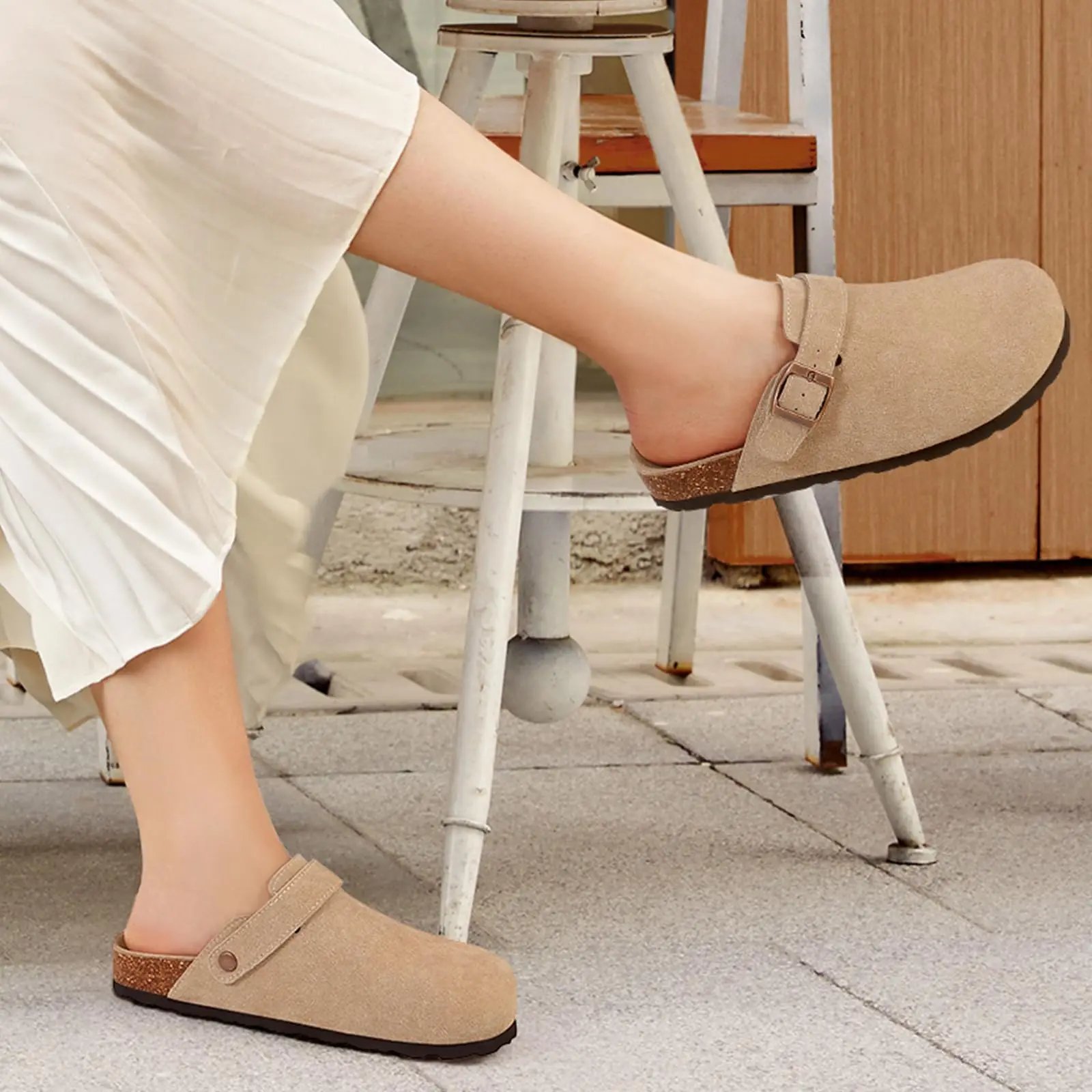 Evshine Women Suede Cork Slippers with Adjustbale  Strap Comfy Arch Support Leather Mules Retro Men Potato Shoes Lady Cork Clogs