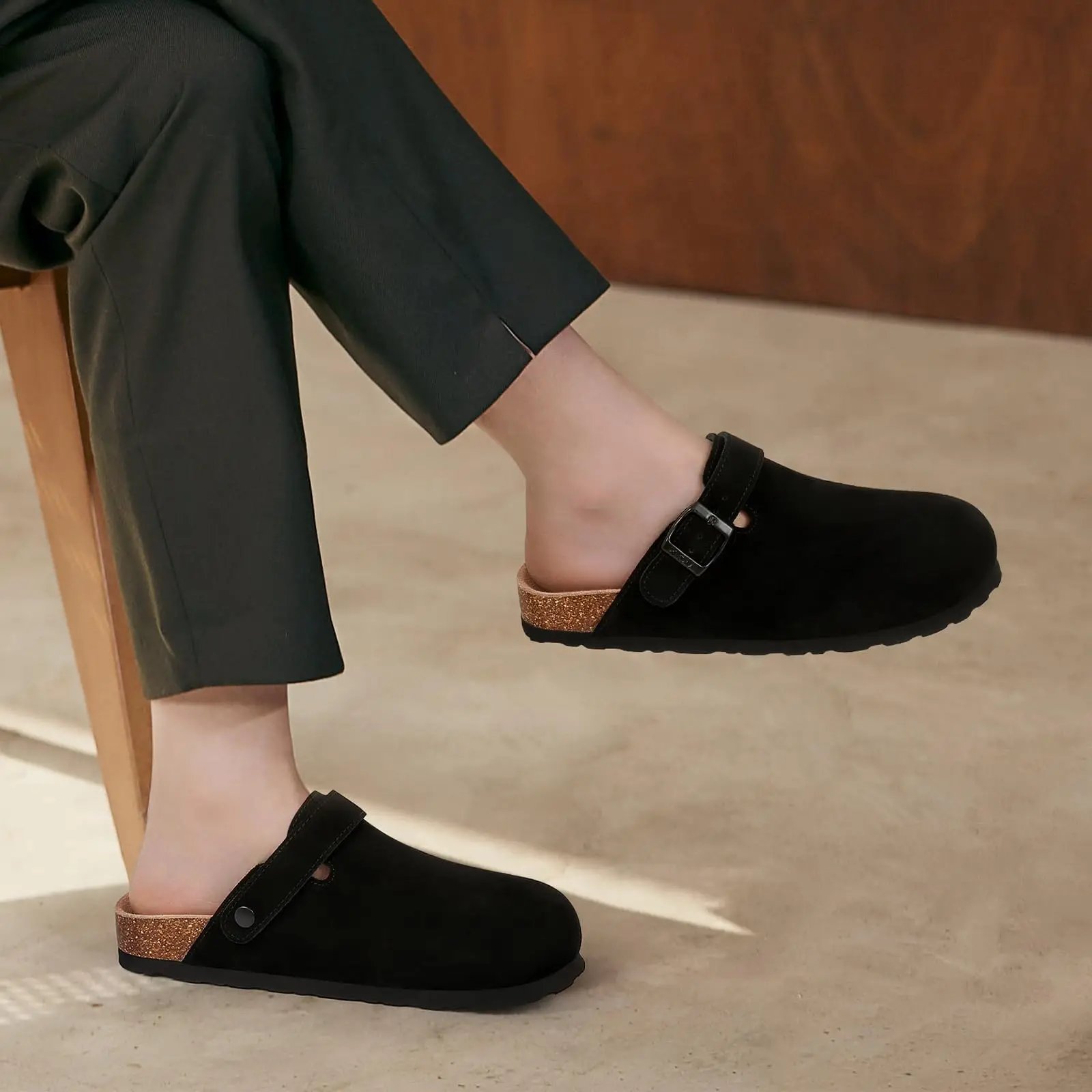 Evshine Women Suede Cork Slippers with Adjustbale  Strap Comfy Arch Support Leather Mules Retro Men Potato Shoes Lady Cork Clogs