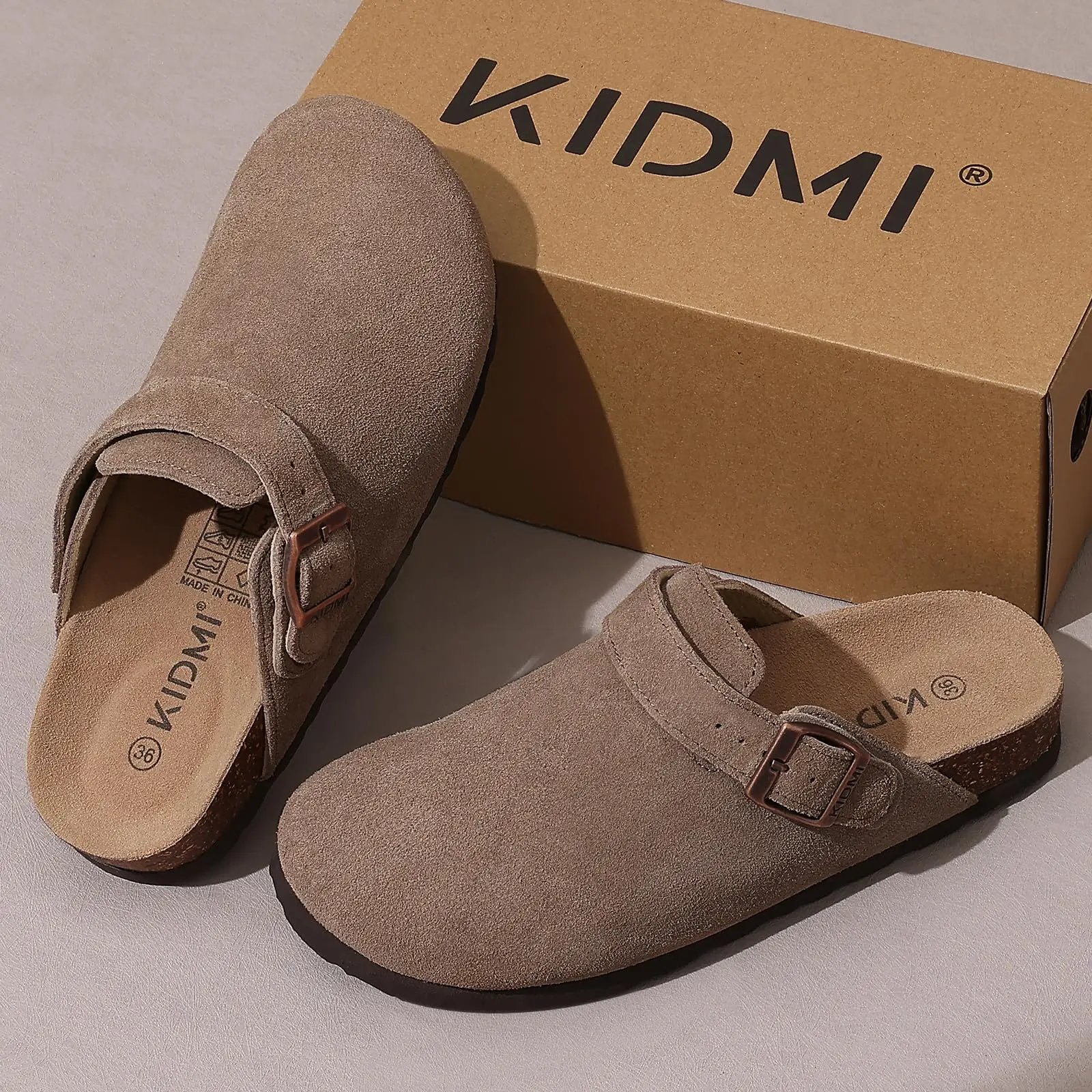 Evshine Women Suede Cork Slippers with Adjustbale  Strap Comfy Arch Support Leather Mules Retro Men Potato Shoes Lady Cork Clogs