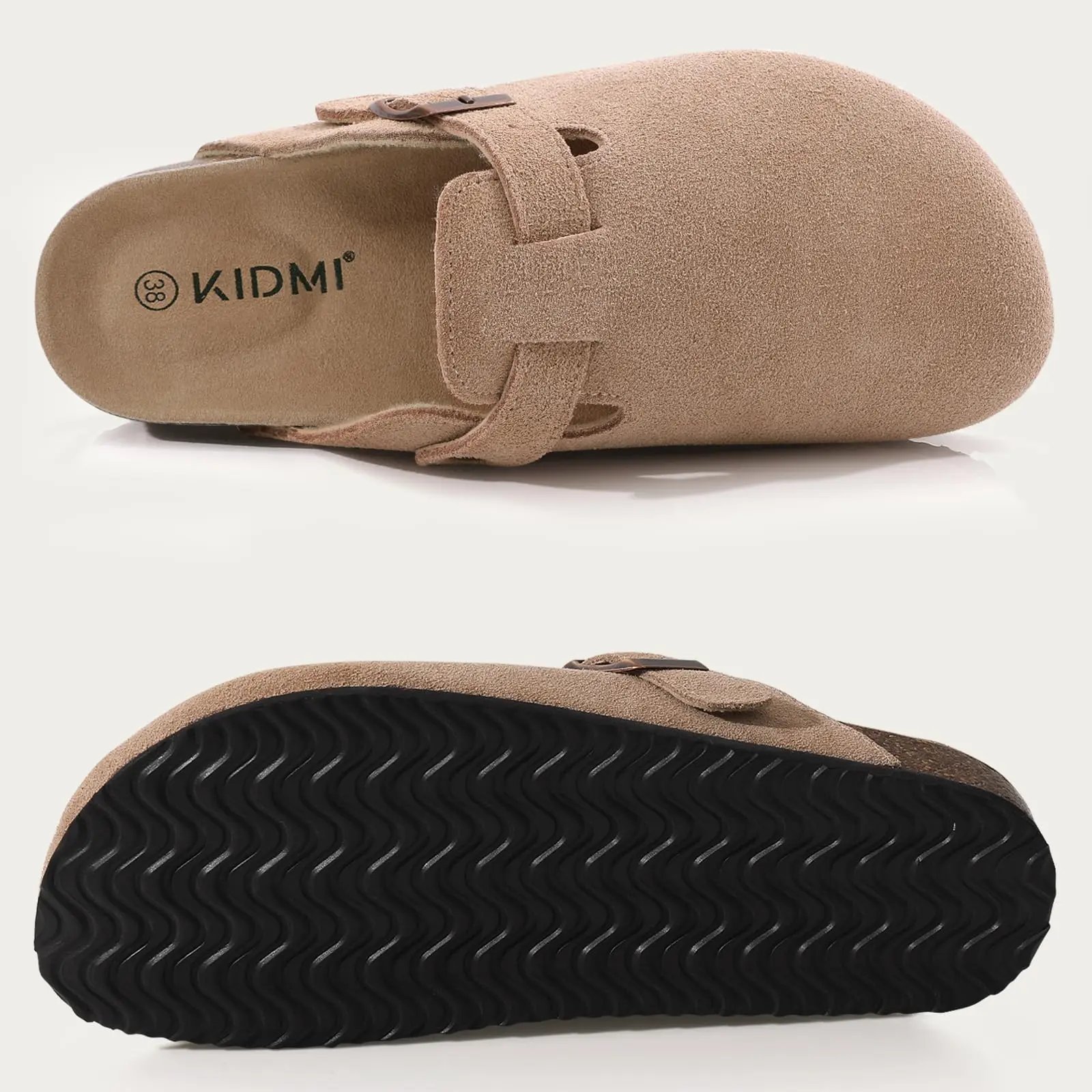 Evshine Women Suede Cork Slippers with Adjustbale  Strap Comfy Arch Support Leather Mules Retro Men Potato Shoes Lady Cork Clogs