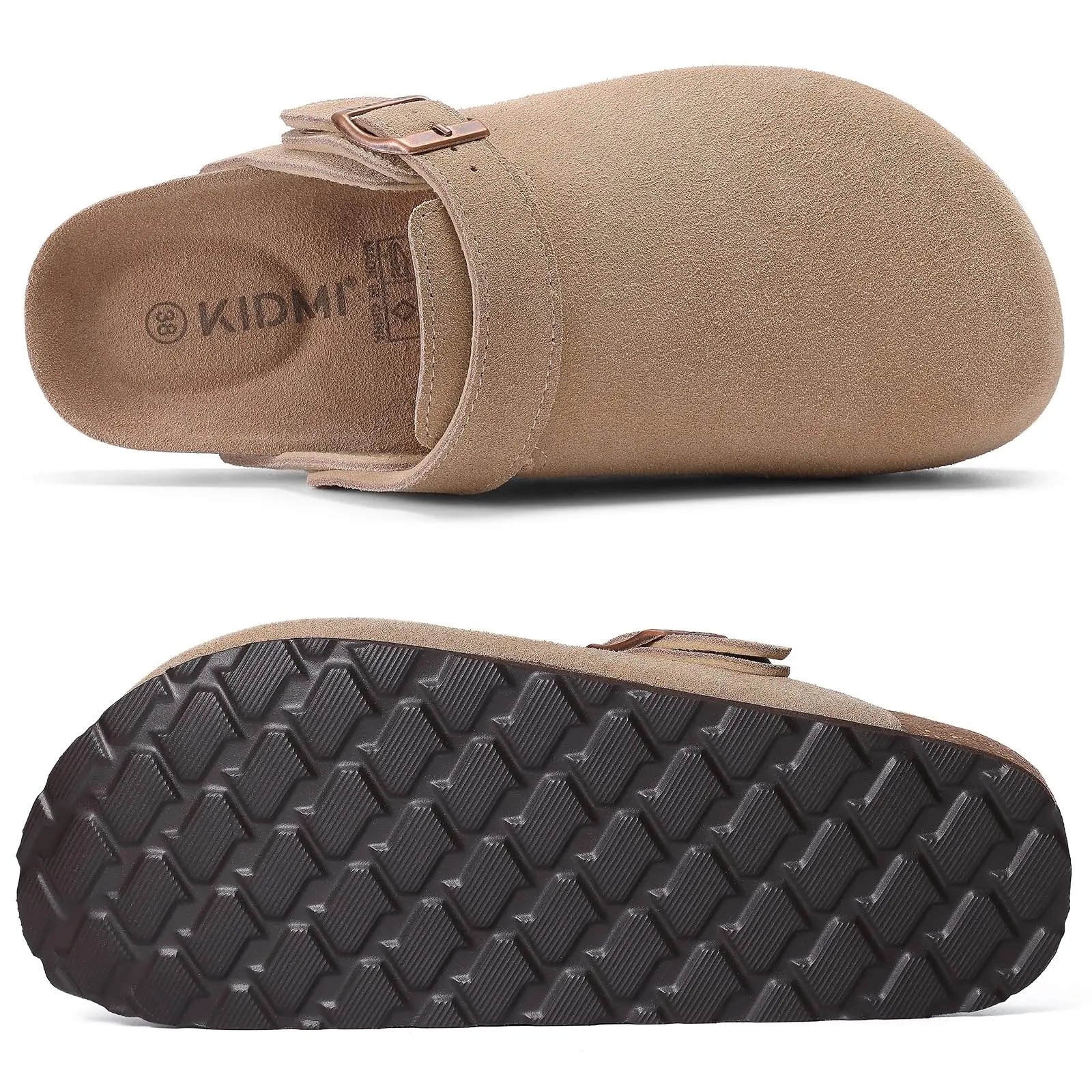 Evshine Women Suede Cork Slippers with Adjustbale  Strap Comfy Arch Support Leather Mules Retro Men Potato Shoes Lady Cork Clogs