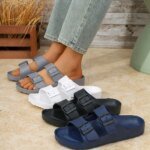 Men's Teen Mules New Summer Retro Casual Slip-On Slippers Eva One-Piece Molded Double-Strap Half-Slip Flat Slippers with Adjustable Buckle