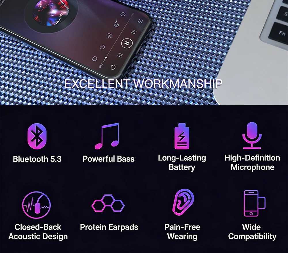 Foldable Wireless Bluetooth Headphones HiFi Deep Bass Noise Cancelling Earphones with HD Microphone PU Leather Earmuffs