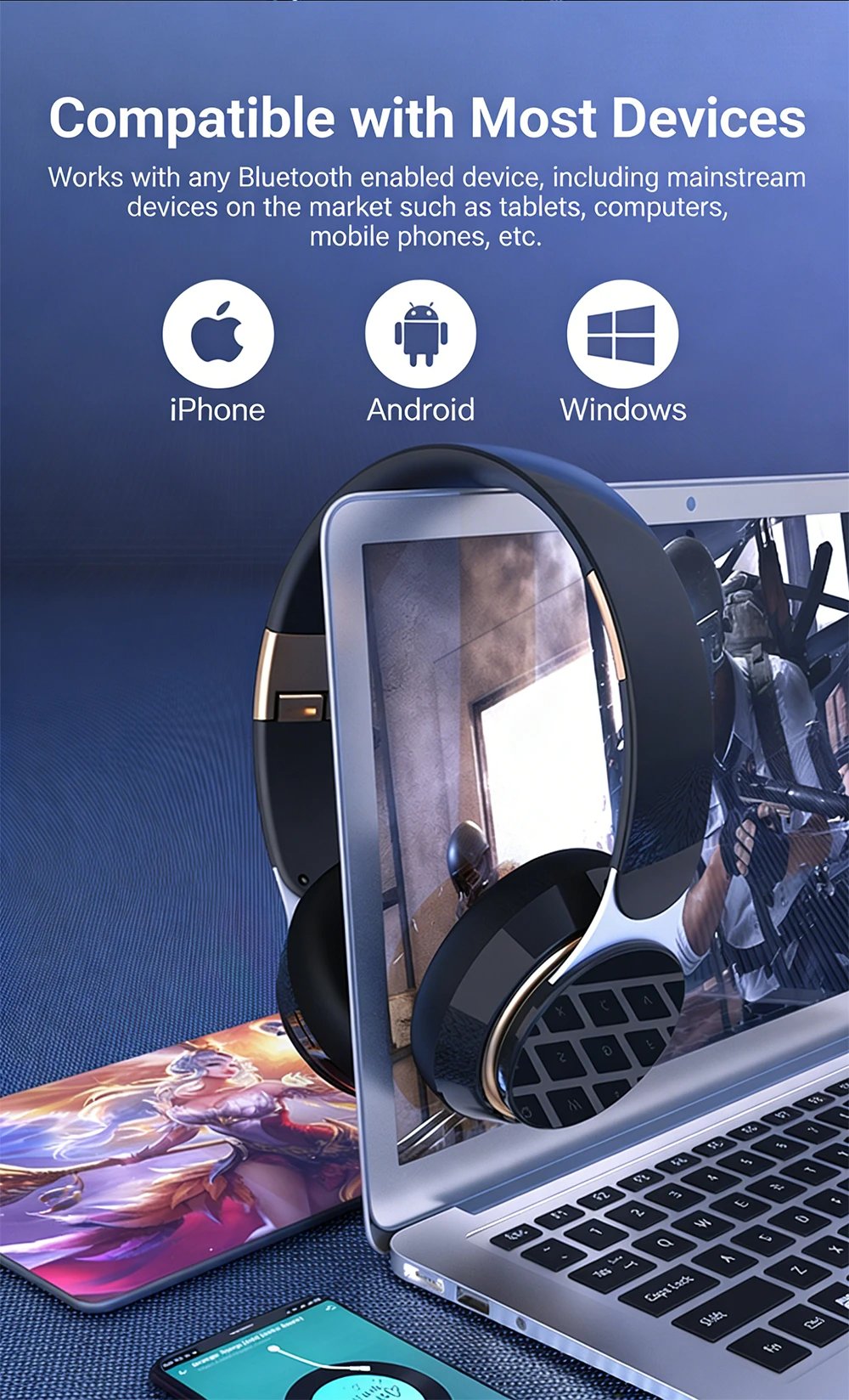 Foldable Wireless Bluetooth Headphones HiFi Deep Bass Noise Cancelling Earphones with HD Microphone PU Leather Earmuffs