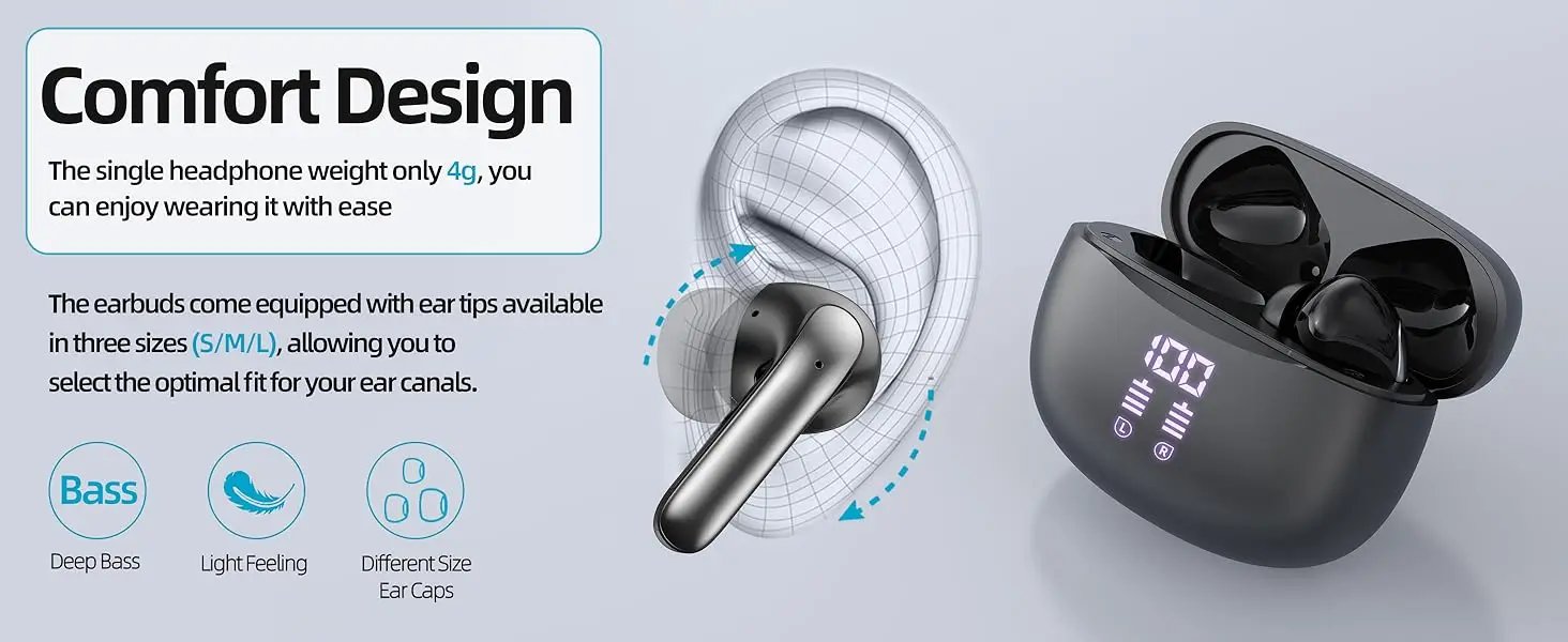 TWS Earbuds Wireless Bluetooth 5.3 Headphones HiFi Stereo Deep Bass In-Ear Earphones for Music Sport Gaming Calls Travel