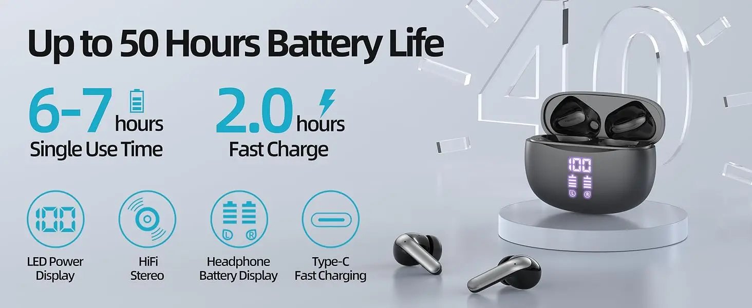 TWS Earbuds Wireless Bluetooth 5.3 Headphones HiFi Stereo Deep Bass In-Ear Earphones for Music Sport Gaming Calls Travel