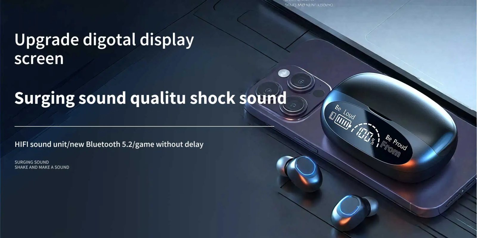TWS smart digital display Bluetooth earbuds, powerful sound quality, high-definition calls，support charge phone, in-ear earbuds.