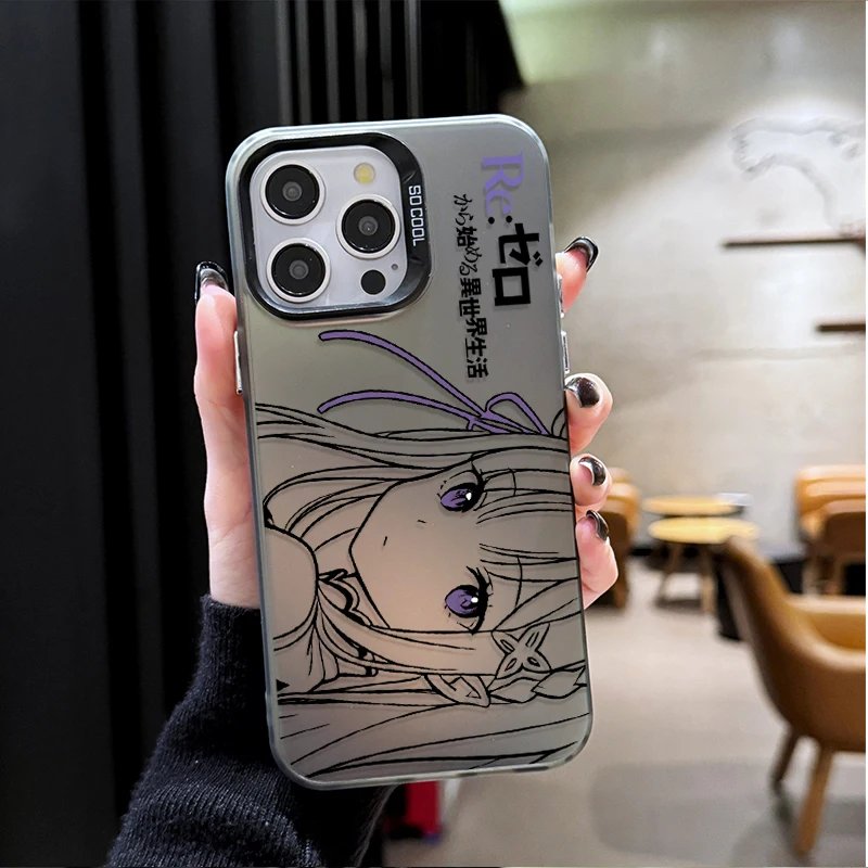 Lovely Cartoon Rem Emilia ﻿Plating Phone Case for Samsung Galaxy S25 Edge S24 S23 S22 S21 S20 Ultra Plus FE A56 A36 A26 Cover