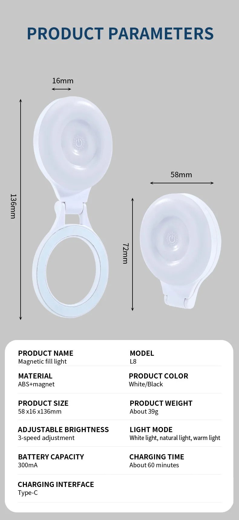 Portable Magnetic Mobile Phone Selfie Fill Light,  Rechargeable Phone Selfie Light for Selfies/Photography/TikTok/live streaming