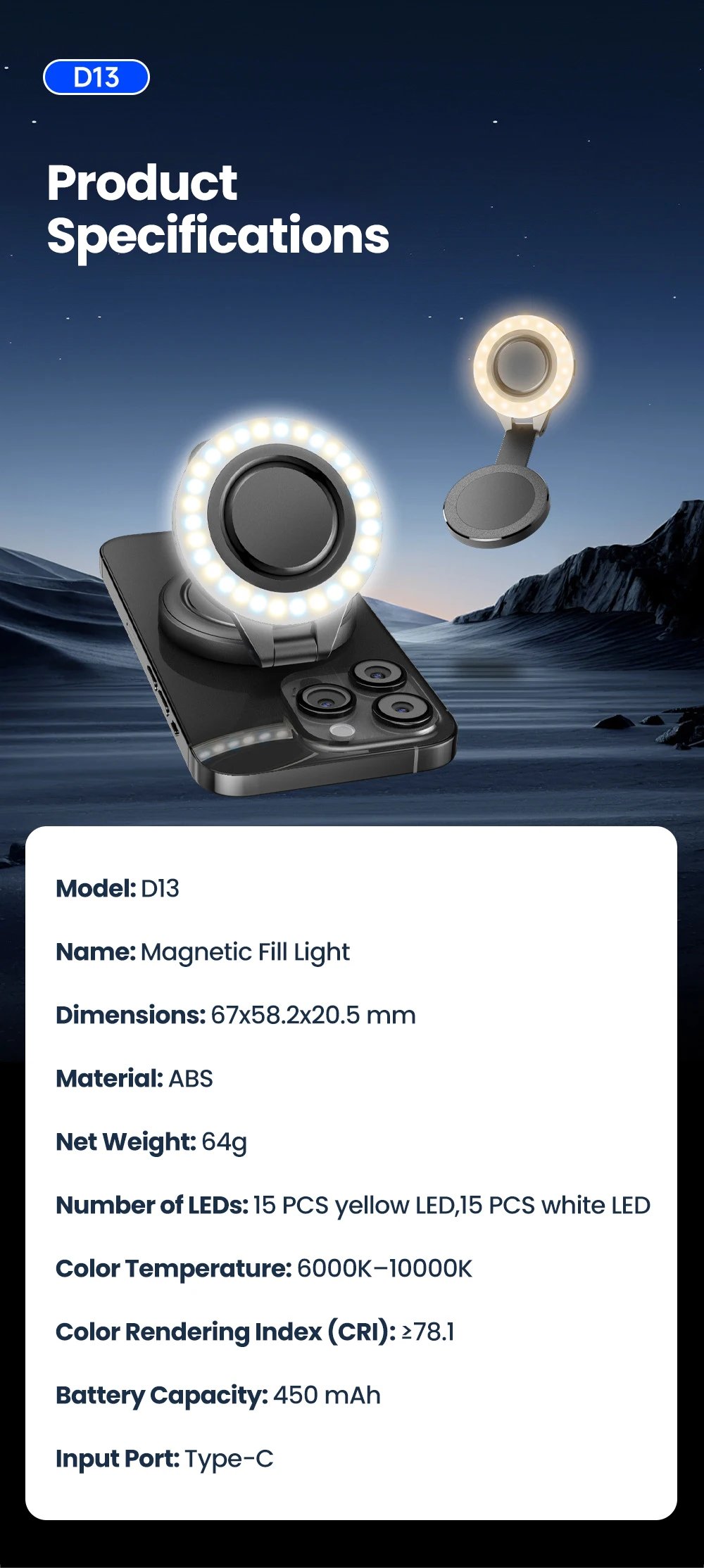 Magnetic Light Led Fill Light Phone Selfie Light Three-level Adjustment Portable Accessories For iPhone 17 16 15 For Magsafe