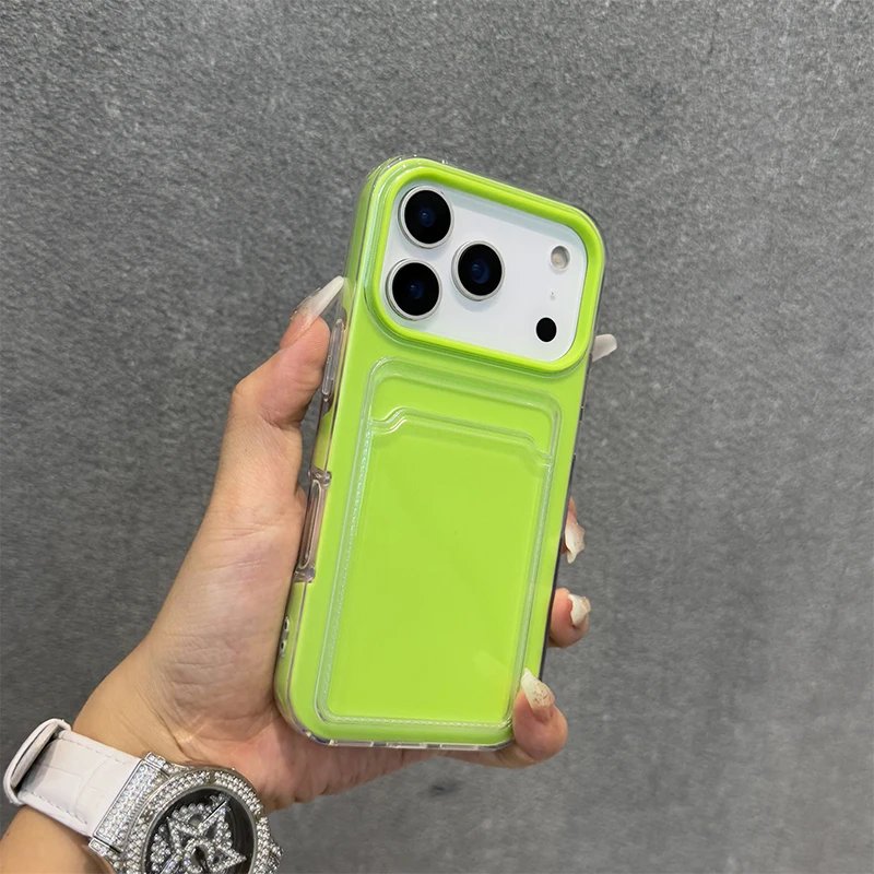 Candy Color Hard Acrylic Card Holder Phone Case For iPhone 17 16 Pro Max 11 12 13 14 15 17 Air Shockproof With Bumper Back Cover